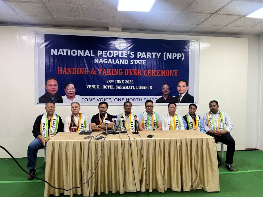 NPP officials, James K Sangma (3rd left), new state president, Nyamnyei Konyak (4th left) and new National general secretary of Frontal Organisations, Dr Andrew Ahoto Sema (4th right) during the press conference at Hotel Saramati Dimapur on June 28.  (Morung Photo)